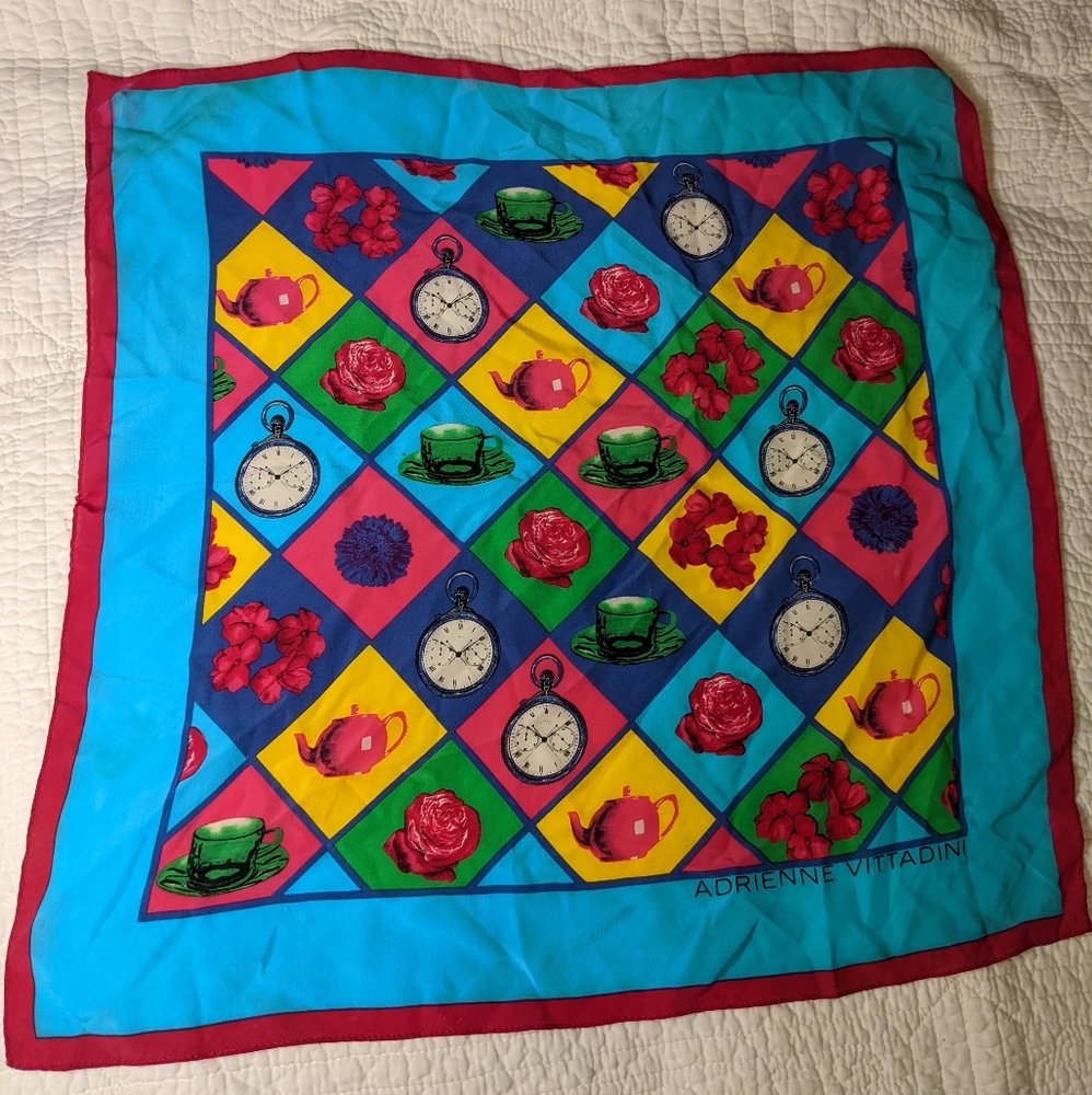 Adrienne vittadini scarf clocks flowers cups 12" square